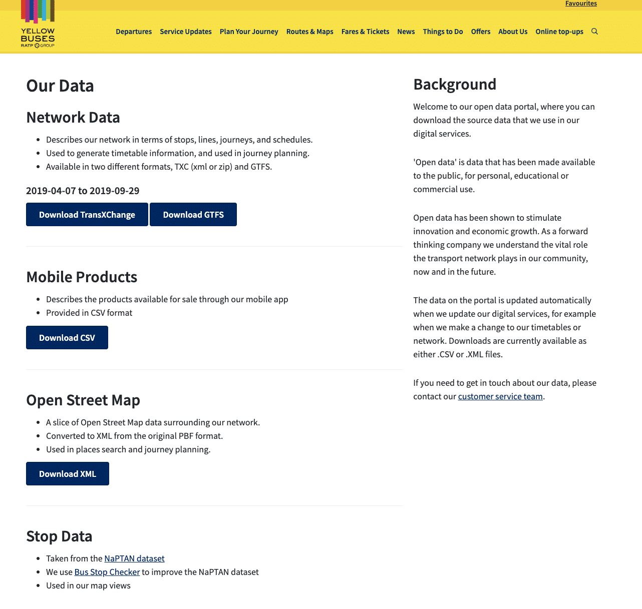 screenshot of yellow buses open data portal showing downloadable datasets