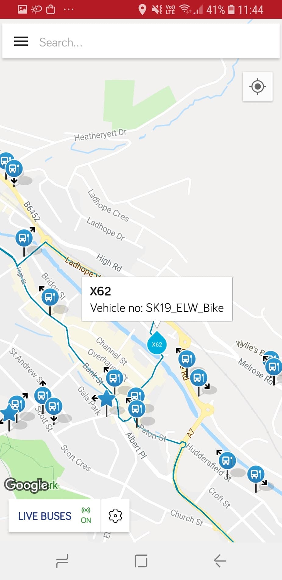 Screenshot of borders buses app showing X62 on a map with vehicle details on display